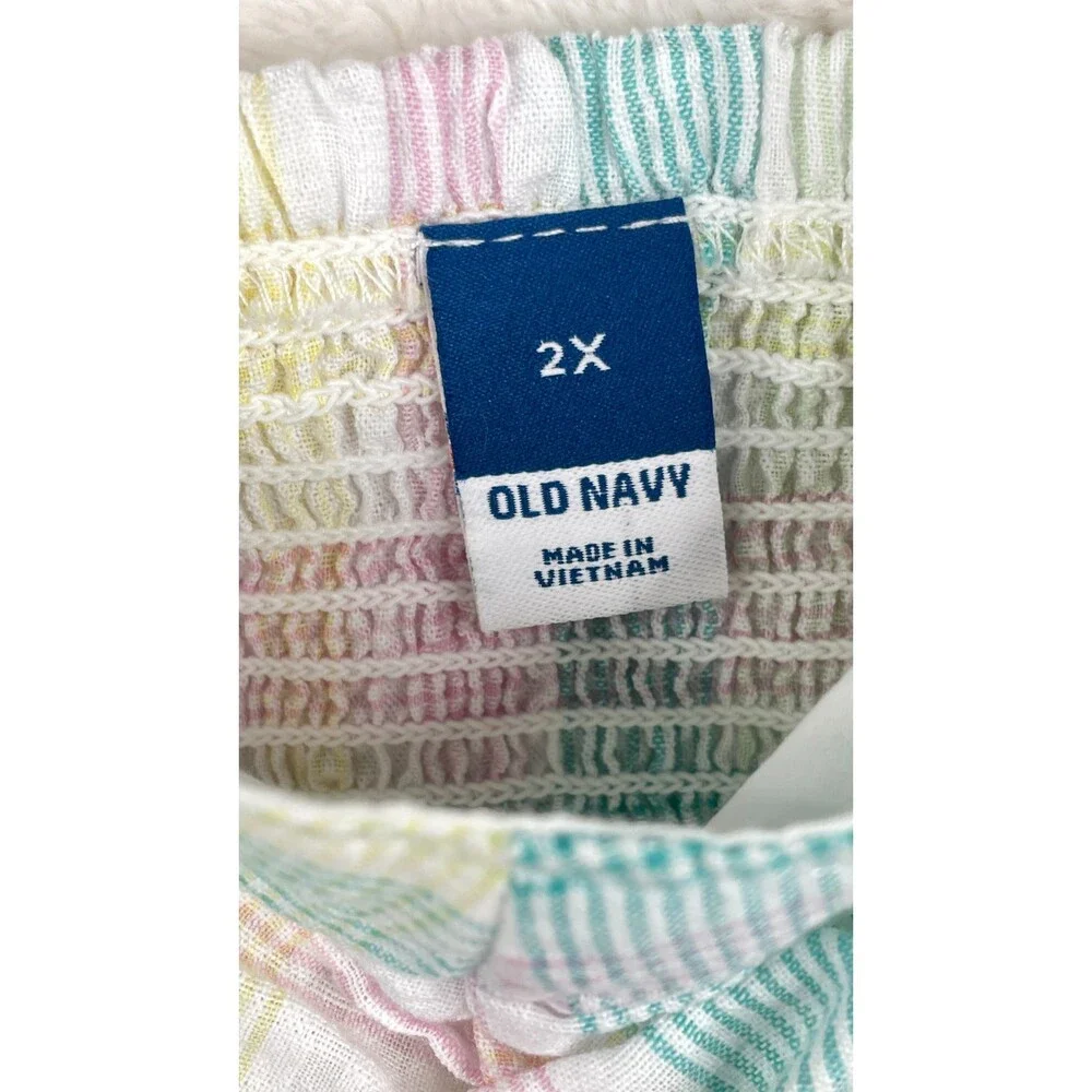 Old Navy Womens 2X Pastel Plaid Top Puff Sleeve Smocked Back Ruffled Peplum NWT